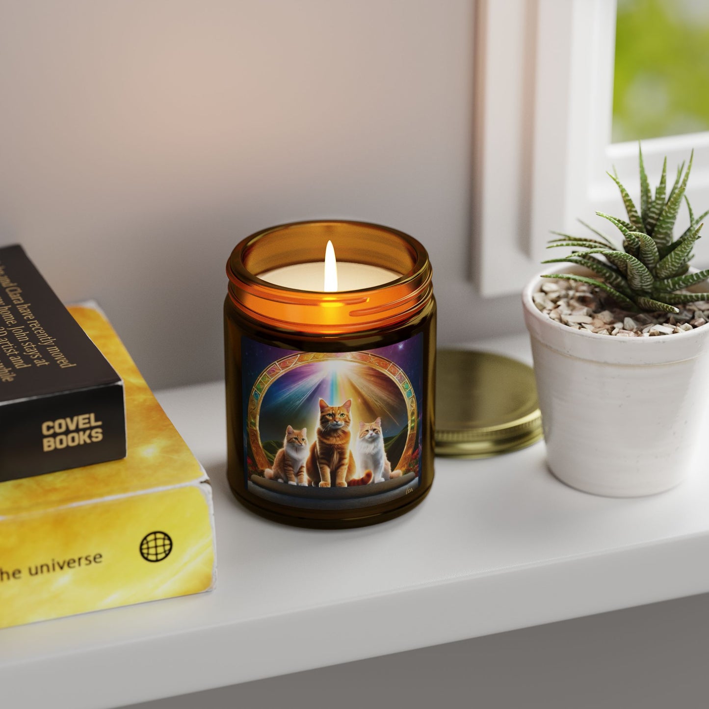 Premium Coconut Apricot Wax Scented Candles, Various Floral & Spice Fragrances (4oz), Spiritual Christmas Holiday Cat Lover Pet Gift, Ginger Tabby & White Cats Galaxy Space Fantasy Cat Art, by Divine Arts
