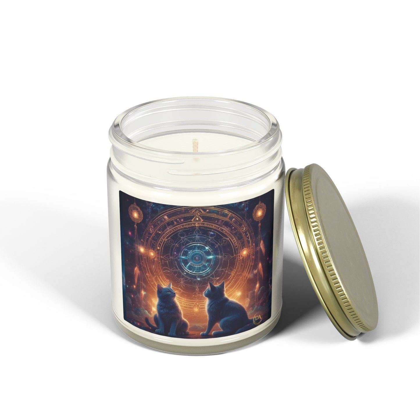 Premium Coconut Apricot Wax Scented Candles, Various Floral & Spice Fragrances (4oz), Spiritual Christmas Holiday Cat Lover Pet Gift, Black Cats Sacred Geometry Galaxy Space Fantasy Cat Art, by Divine Arts