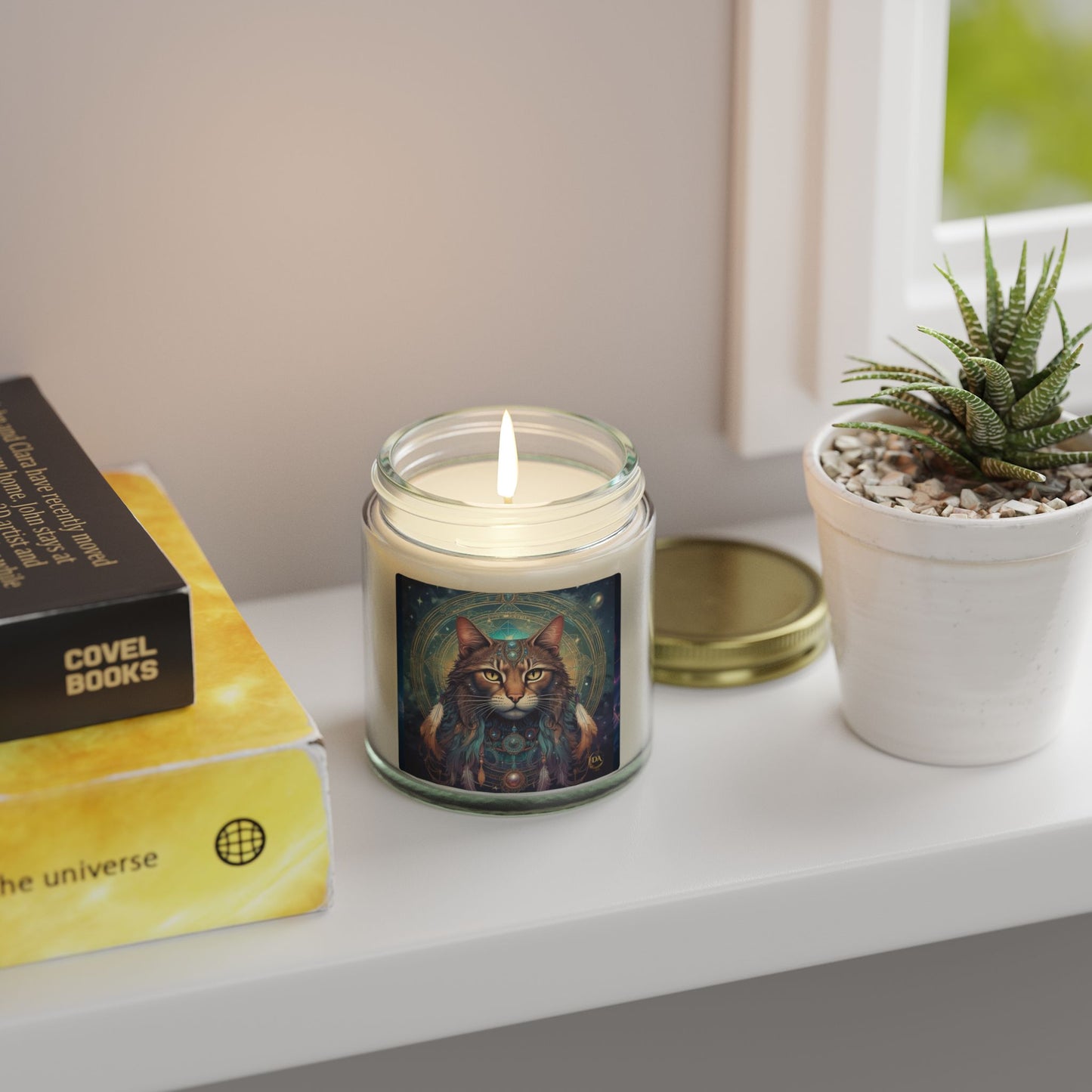 Premium Coconut Apricot Wax Scented Candles, Various Floral & Spice Fragrances (4oz), Spiritual Christmas Holiday Cat Lover Pet Gift, Brown Tabby Cat Galaxy Space Fantasy Tribal Art, by Divine Arts