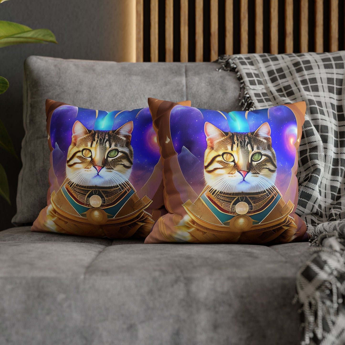 Divine Arts Faux Suede Double-Sided Square Pillow Case in Four Sizes - Fantasy Galaxy Space Cat Lover Male Brown Tabby Cat with Heterochromia in Ornate Golden Armor with Light Blue Hydroplasma Light Beam from Crown Chakra Merkaba Pillow Cover