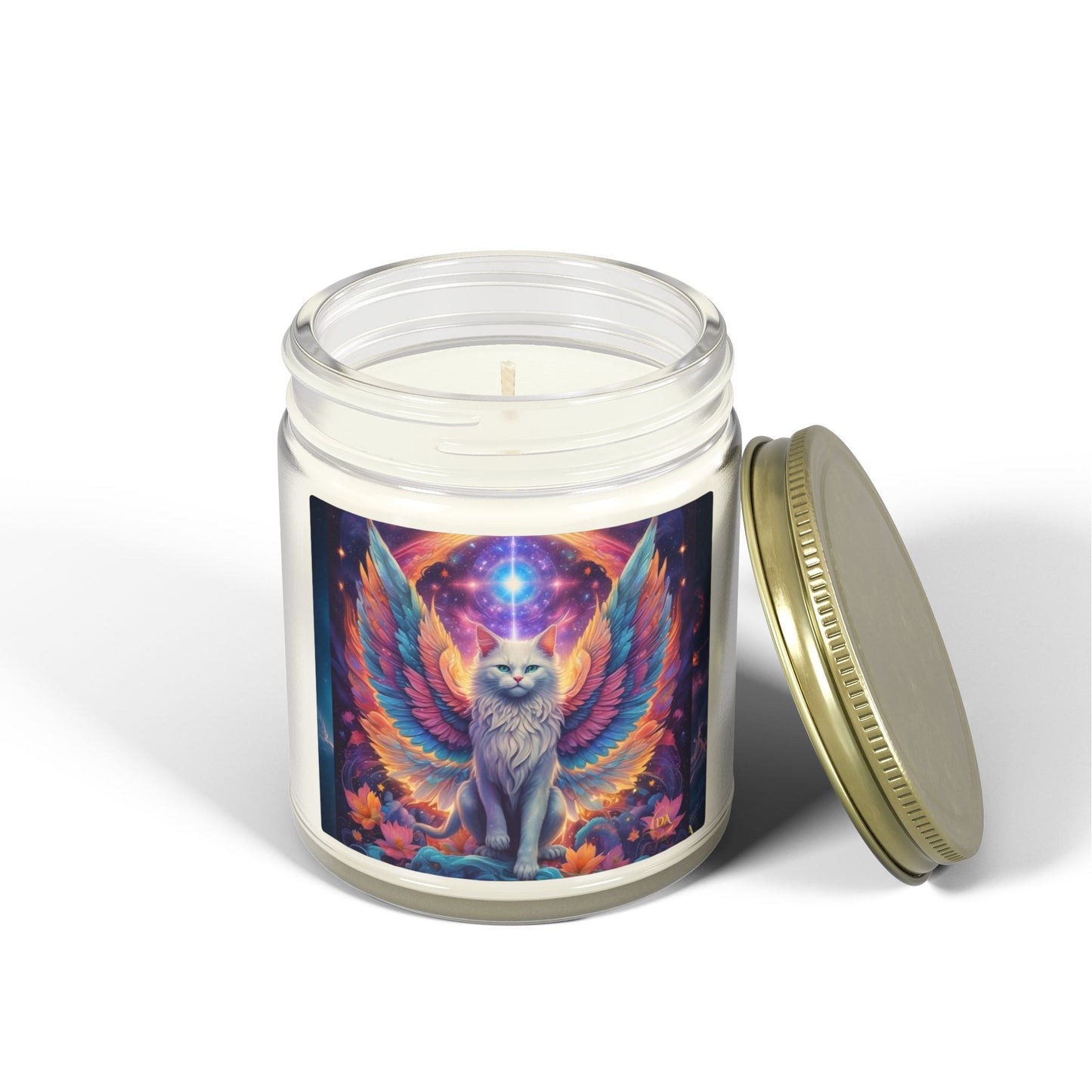 Premium Coconut Apricot Wax Scented Candles, Various Floral & Spice Fragrances (4oz), Spiritual Christmas Holiday Cat Lover Pet Gift, Galaxy Space White Angel Cat Art, by Divine Arts