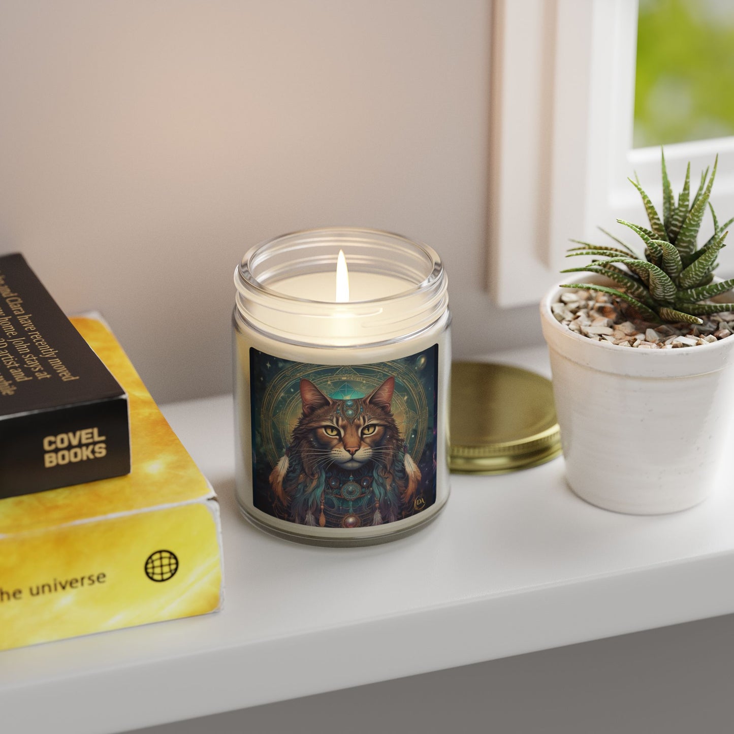 Premium Coconut Apricot Wax Scented Candles, Various Floral & Spice Fragrances (4oz), Spiritual Christmas Holiday Cat Lover Pet Gift, Brown Tabby Cat Galaxy Space Fantasy Tribal Art, by Divine Arts