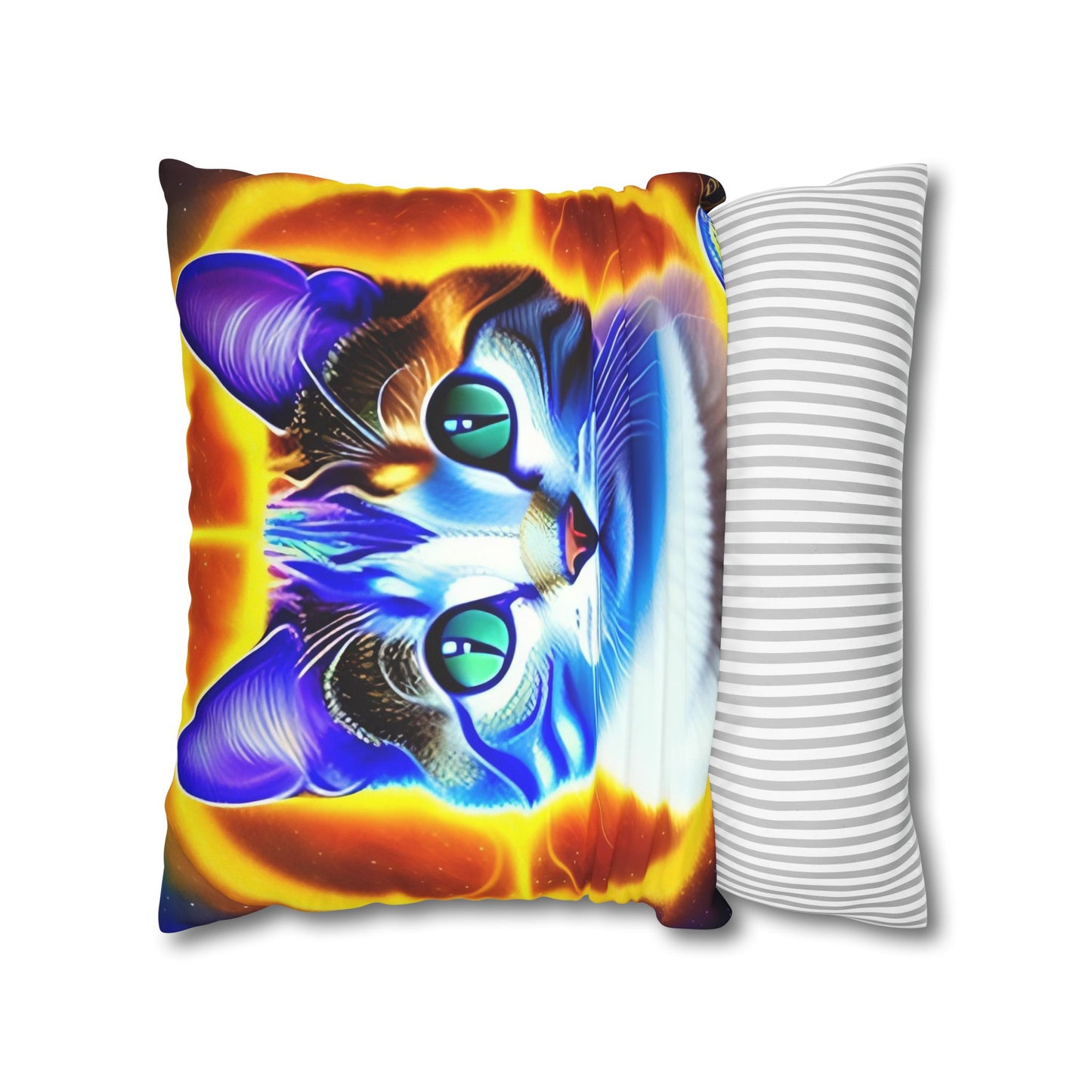 Divine Arts Faux Suede Double-Sided Square Pillow Case - Fantasy Galaxy Space Cat Lover Large Close Up View of the Face of a Female Brown Tabby Cat with Green Eyes With a Pulsing Yellow Orange Aura From Weilding the Merkaba Pillow Cover in Four Sizes