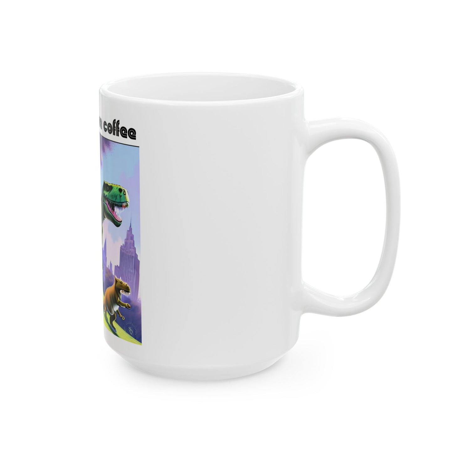 Ceramic Cat Humor Mug  (11oz/15oz) — 'Me Before Coffee' Tabby Cat Rides T-Rex Coffee Mug by Divine Arts