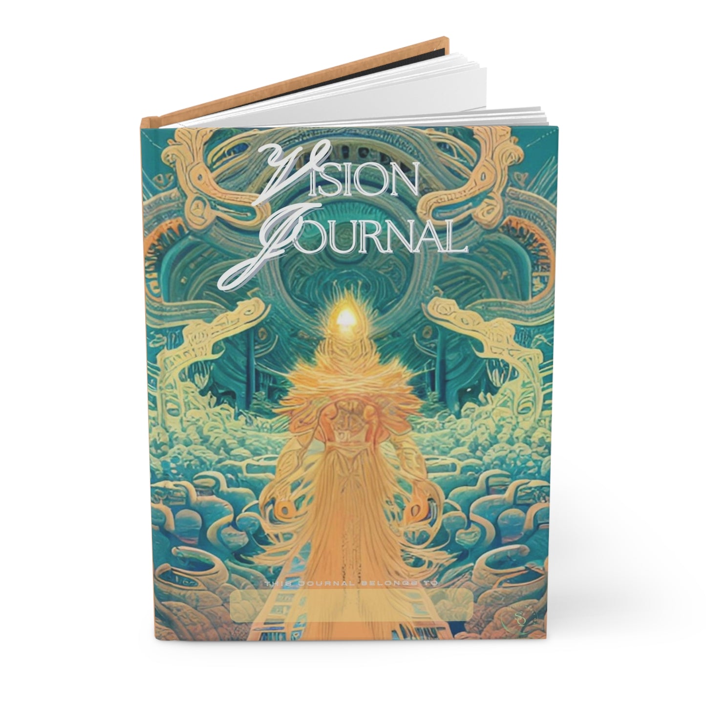 Divine Arts Hardcover Matte Laminate Coating Ruled Line Wraparound Art Journal Stationery Notebook of Celestial Floating Amidst Bright Golden Yellow and Green Swirling Clouds with Tan Cork Print Back Cover