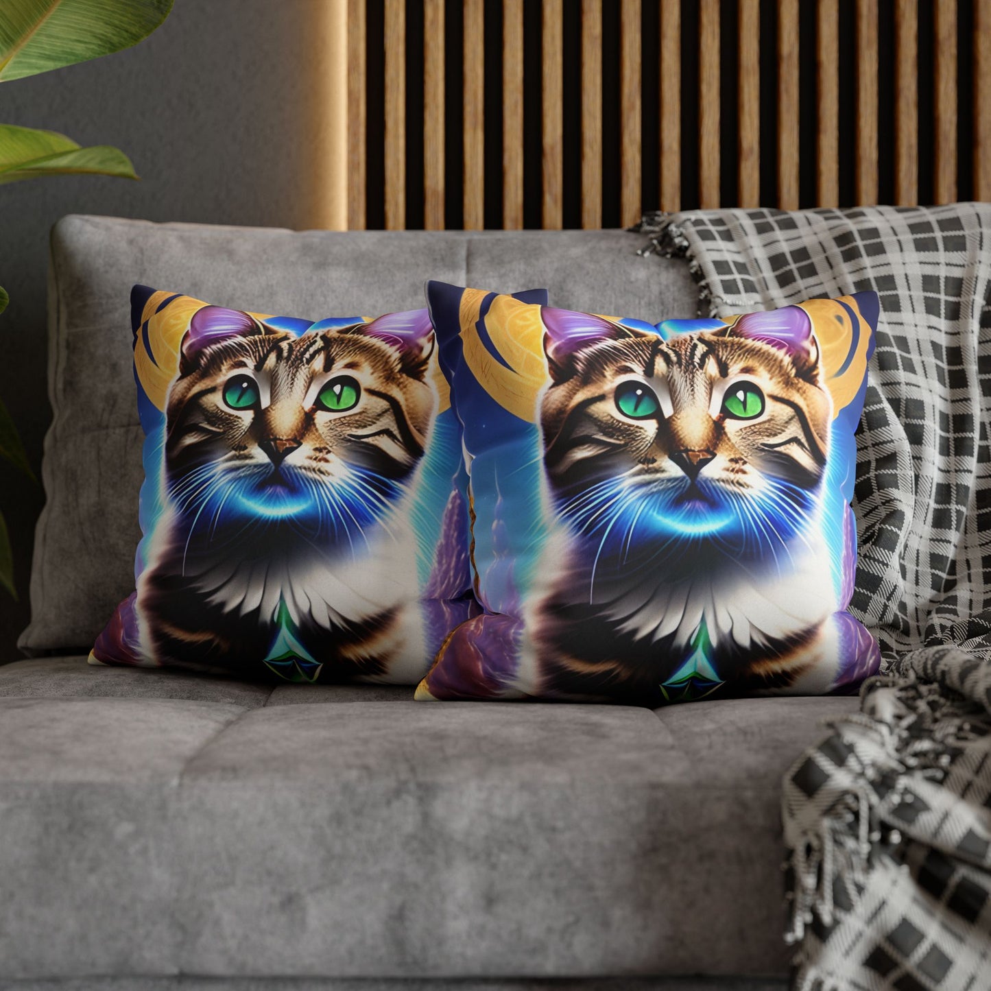 Divine Arts Faux Suede Double-Sided Square Pillow Case in Four Sizes - Fantasy Galaxy Space Cat Lover Male Brown Tabby Cat with Green Eyes Green Merkaba & Golden Aura Plates in Moutains