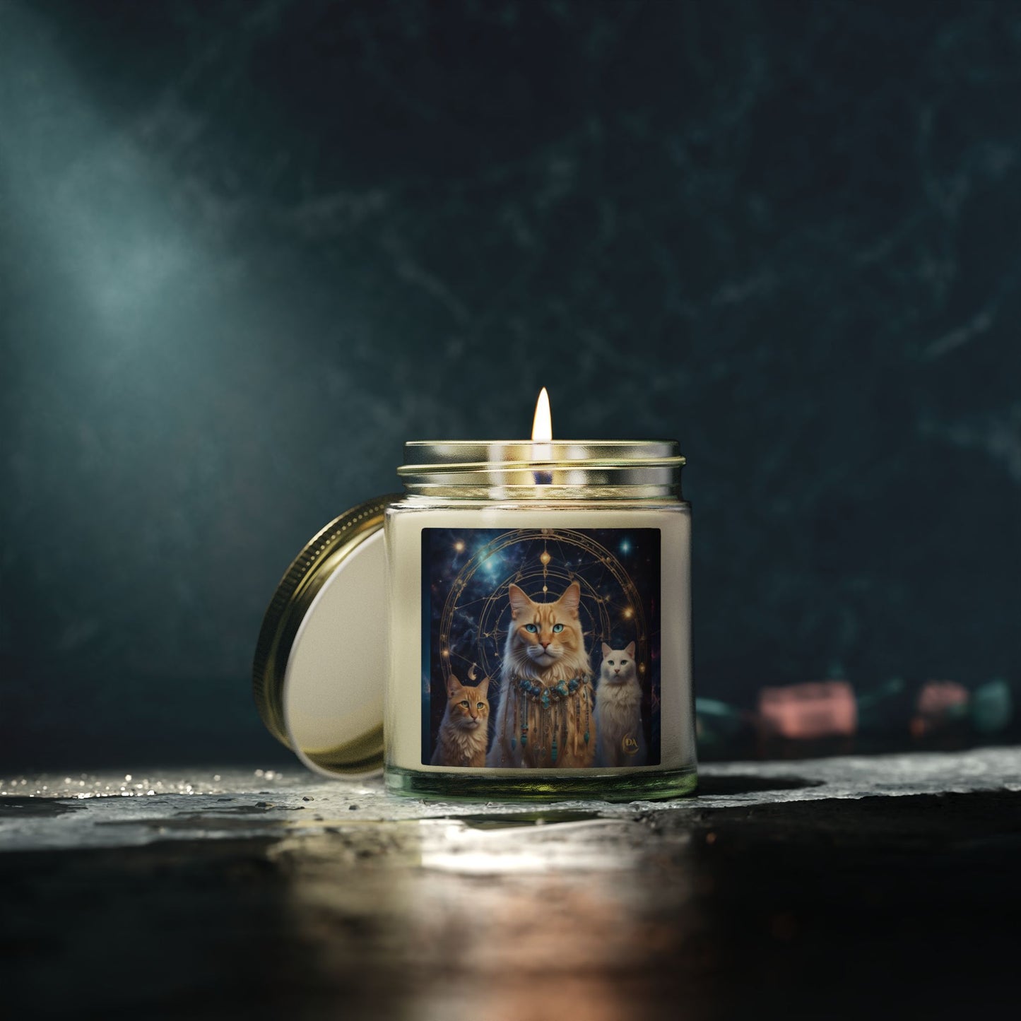 Premium Coconut Apricot Wax Scented Candles, Various Floral & Spice Fragrances (4oz), Spiritual Christmas Holiday Cat Lover Pet Gift, Ginger & White Cats Galaxy Space Fantasy Tribal Art, by Divine Arts