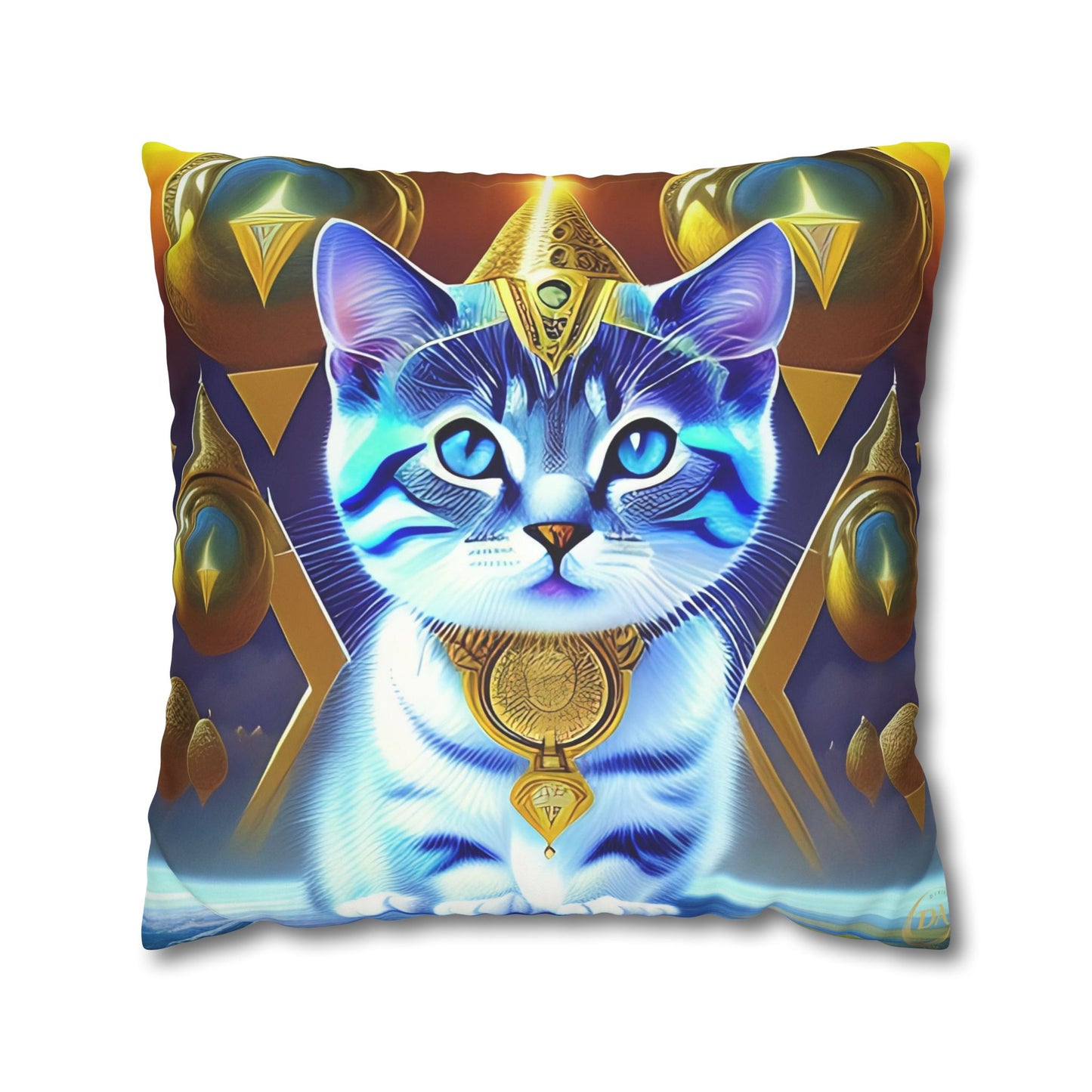 Divine Arts Faux Suede Double-Sided Square Pillow Case in Four Sizes - Fantasy Galaxy Space Cat Lover Male Gray and White Tabby Kitten with Blue Eyes in Golden Merkaba Chamber Wielding the Merkaba
