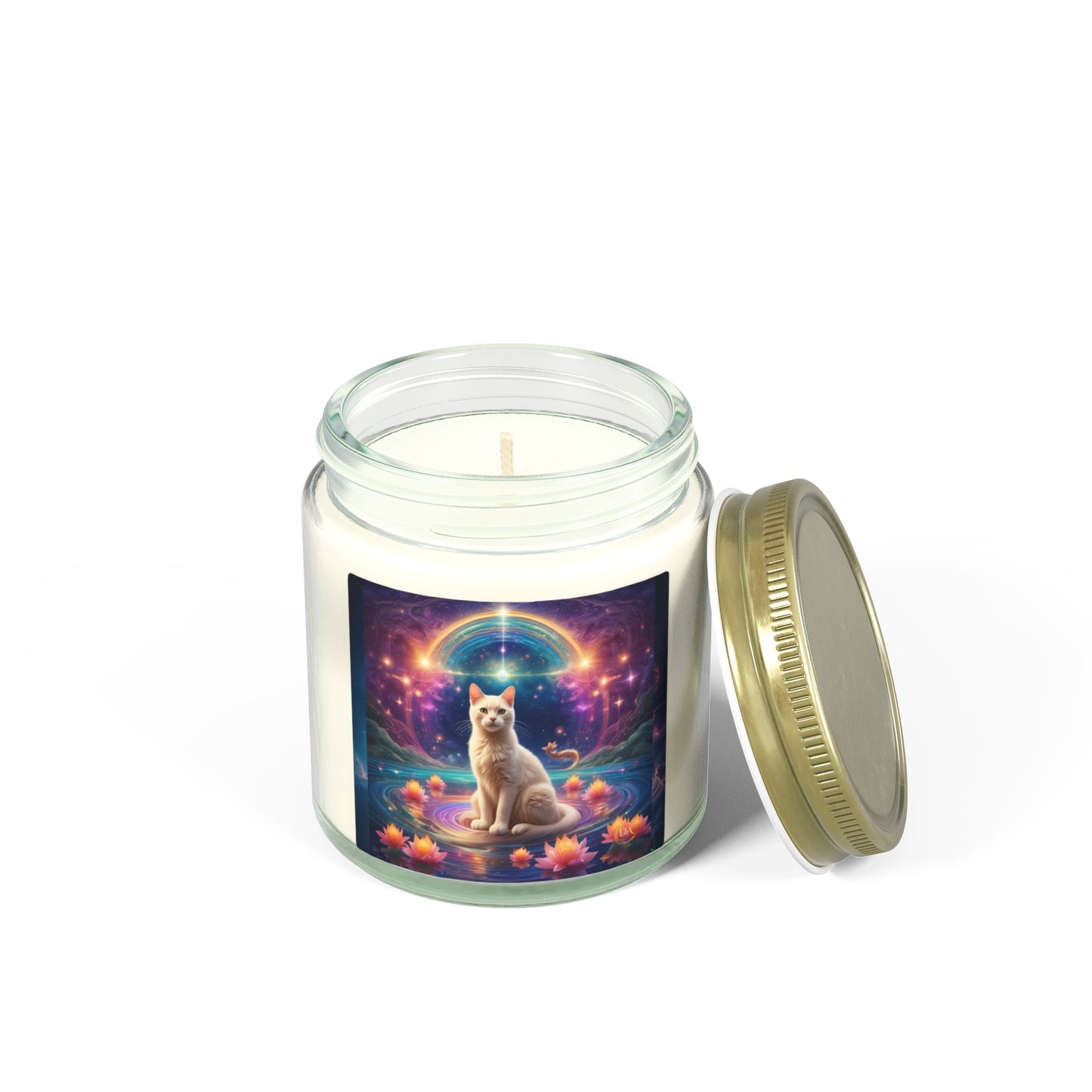 Premium Coconut Apricot Wax Scented Candles, Various Floral & Spice Fragrances (4oz), Spiritual Christmas Holiday Cat Lover Pet Gift, White Brown Cat in Sparkling Rainbow Lotus Field Pool, Fantasy Galaxy Space Cat Art , by Divine Arts