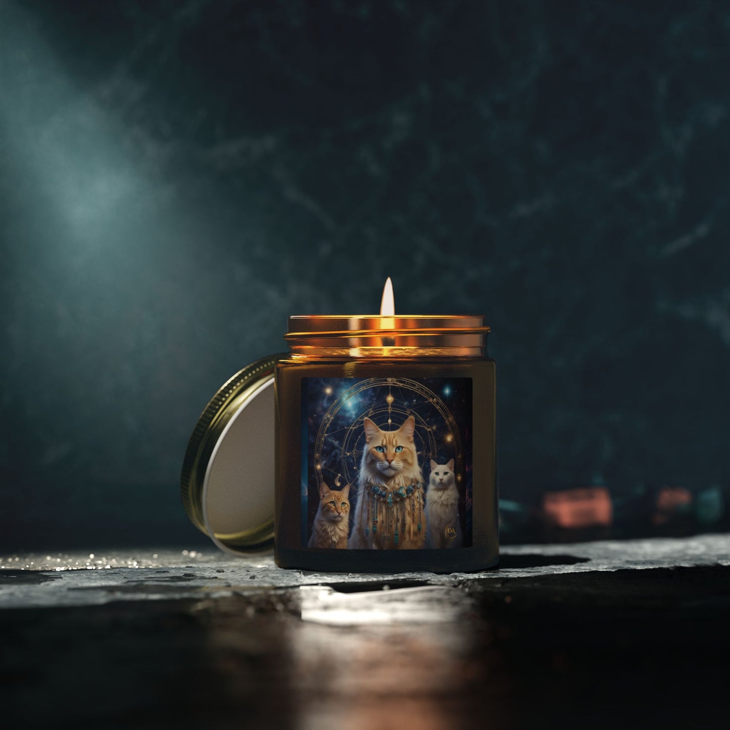 Premium Coconut Apricot Wax Scented Candles, Various Floral & Spice Fragrances (4oz), Spiritual Christmas Holiday Cat Lover Pet Gift, Ginger & White Cats Galaxy Space Fantasy Tribal Art, by Divine Arts
