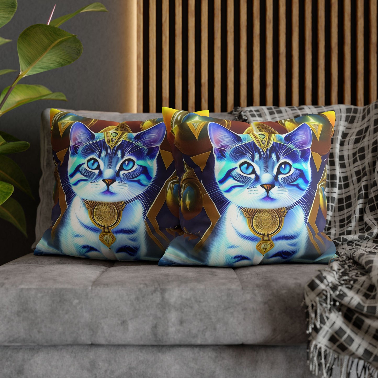 Divine Arts Faux Suede Double-Sided Square Pillow Case in Four Sizes - Fantasy Galaxy Space Cat Lover Male Gray and White Tabby Kitten with Blue Eyes in Golden Merkaba Chamber Wielding the Merkaba