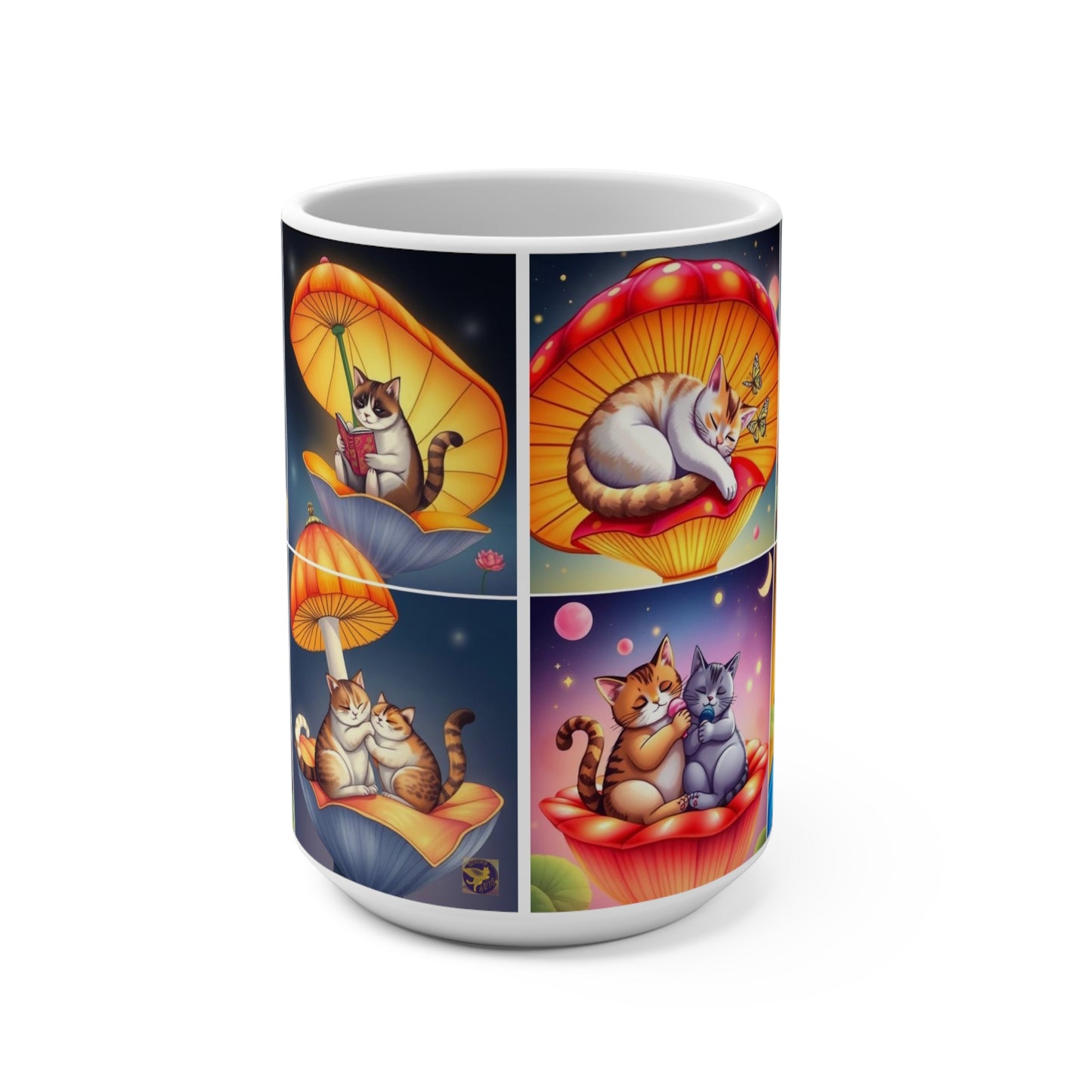 15oz Cat Mug — Whimsical Mushroom Lotus Nature Cats Collage Coffee Cup by Divine Arts