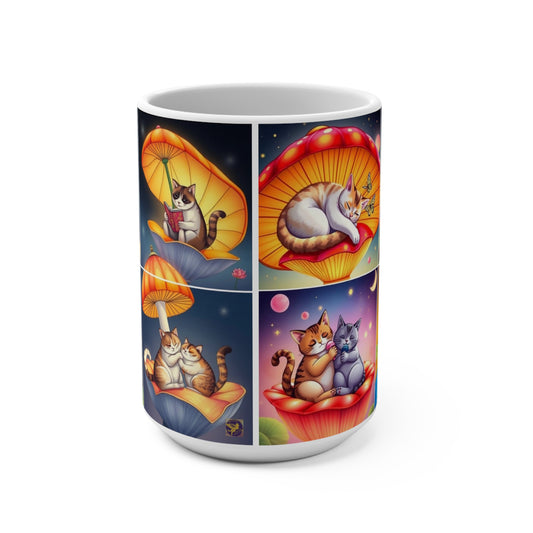 15oz Cat Mug — Whimsical Mushroom Lotus Nature Cats Collage Coffee Cup by Divine Arts